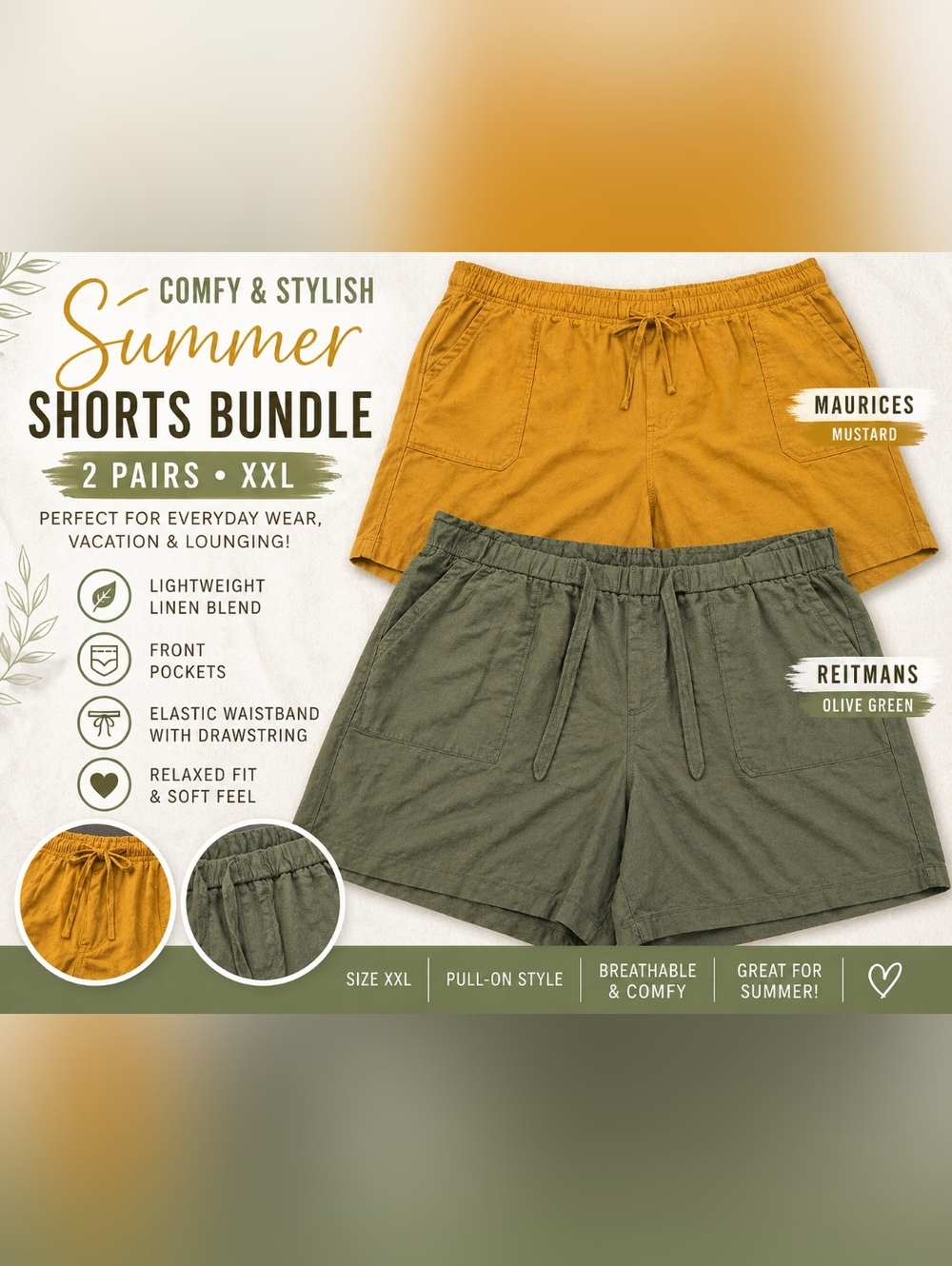 Bundle: Maurices + Reitmans Linen Blend Shorts XXL | Mustard & Olive